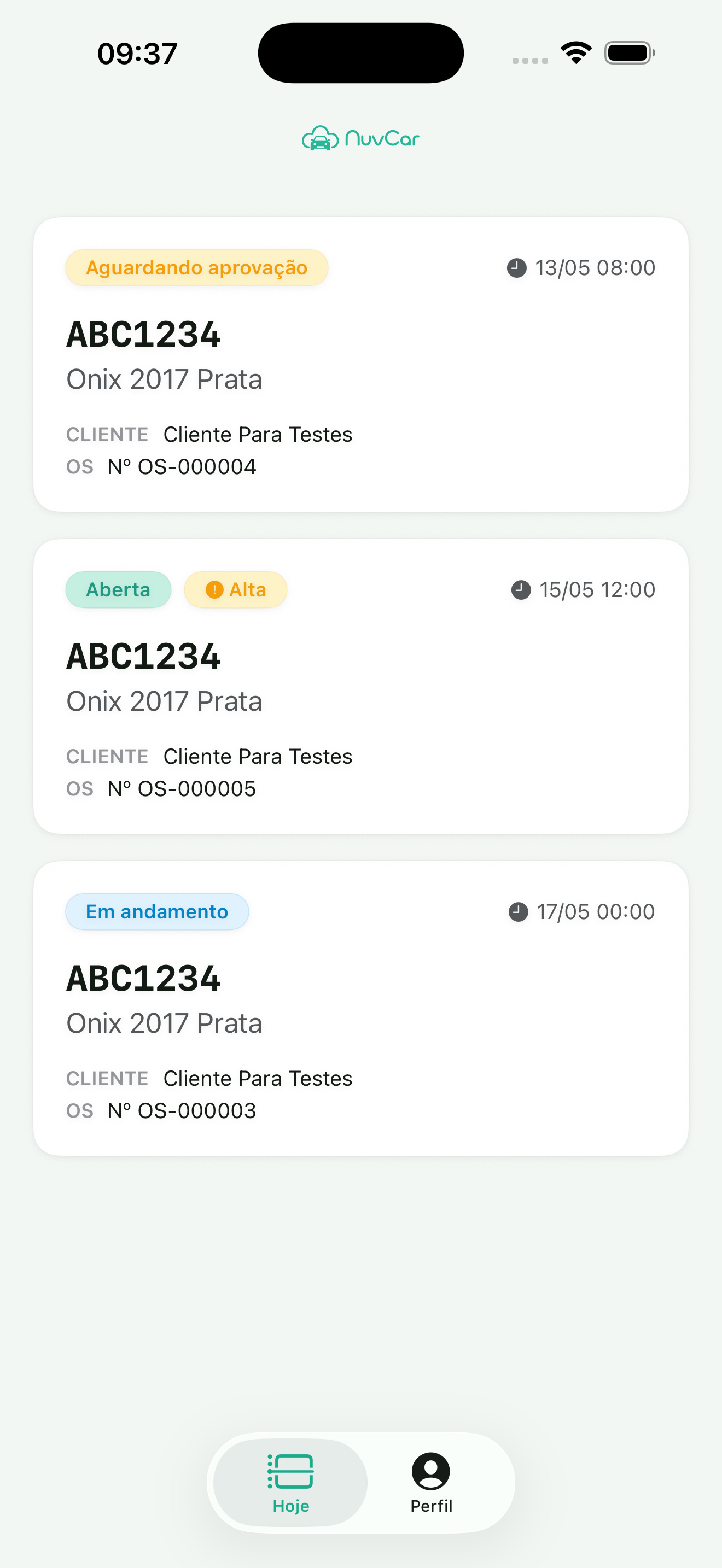 Lista de ordens de serviço no app NuvCar Oficina