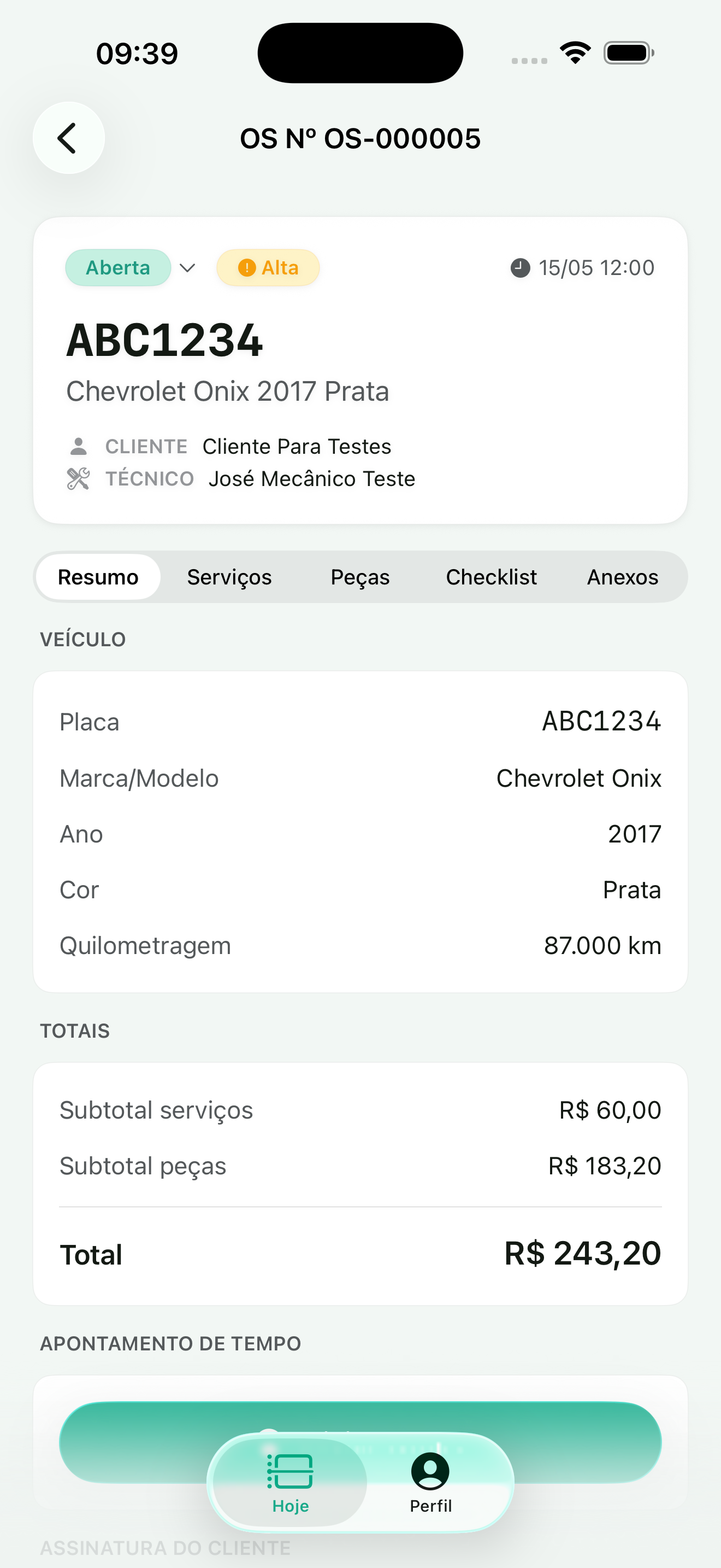 Detalhe de uma ordem de serviço no app NuvCar Oficina